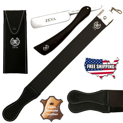 ZEVA Wood Handle Straight Razor, Leather Sharpening Strap Strop 3 Pc Shaving Set