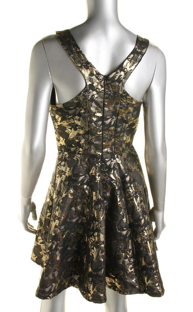 AQUA ~ Black & Gold Jacquard Metallic Sleeveless Party Dress XS NEW $158