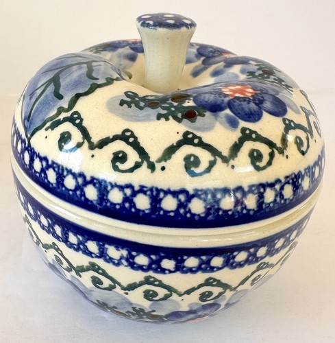 Vintage Boleslawiec Polish Pottery Ceramic Apple Baker Flowers Bowl