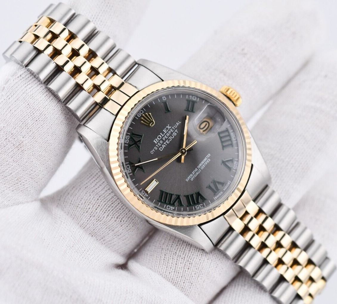 Rolex Datejust 16013 Grey Dial Green Roman 36mm Watch 18K Gold