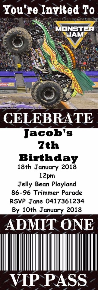MONSTER JAM TRUCKS Personalised Ticket Style Birthday Invitations | eBay