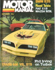 Motor Manual magazine October 1978  BMW Fiat X19 Pontiac Trans Am Holden GTS