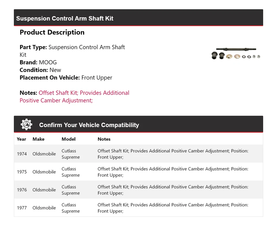 Kit de eje de brazo de control de suspensión Supreme Oldsmobile Cutlass 1974-1977 MOOG Foto 2 de 4