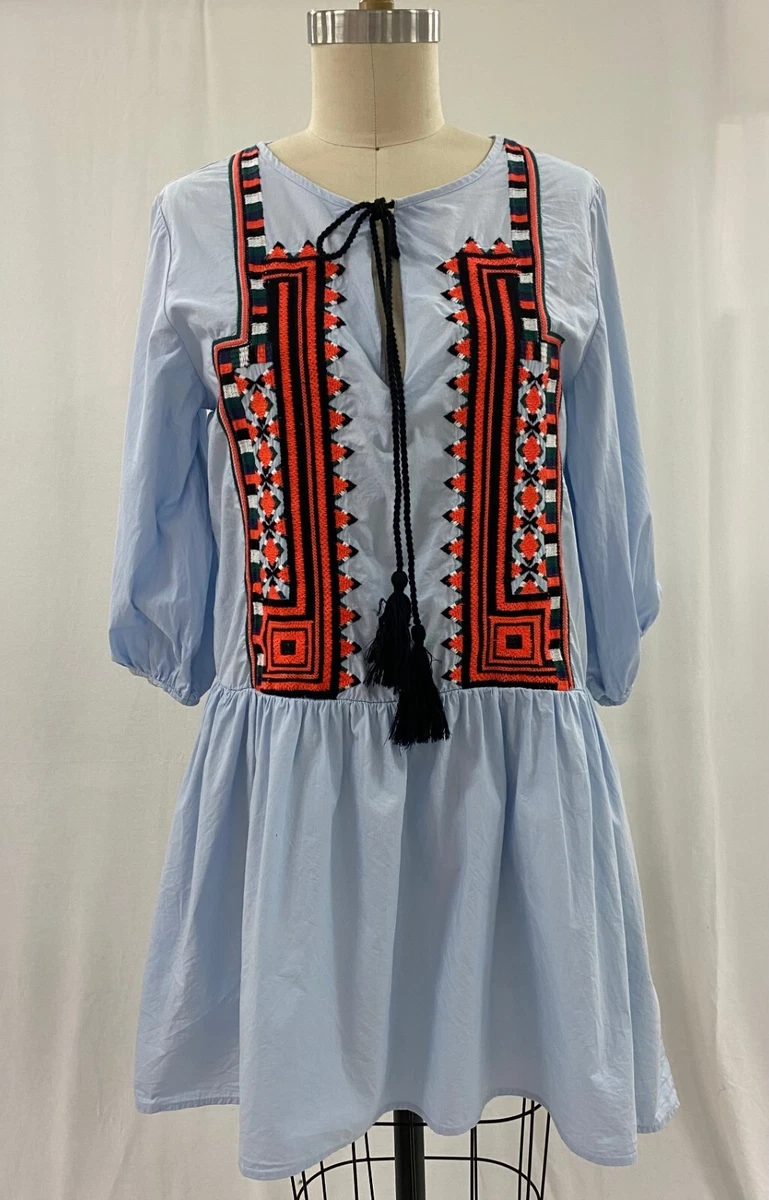H M Dress Size 14 Embroidered Front Tie Neck Drop Waist Cotton Blue