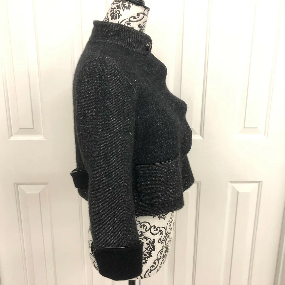 Chaqueta Blazer Mujer Elie Tahari Talla M Mezcla Lana Seda Negro Recortado Cuero Borde Foto 4 de 4