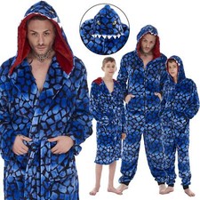 Mens Boys Raptor Dinosaur Luxury Flannel Hooded Dressing Gown 1Onesie Matching 