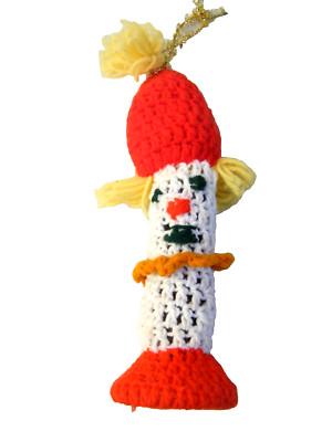 Vintage Weihnachten Clown Baumschmuck Kitsch gestrickt Barbour Faden Rolle 25cm