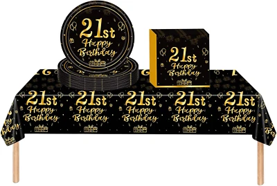 COSORO Black Gold 21St Birthday Plastic Table Cloth,Paper Plates Napkins Tableware Set,