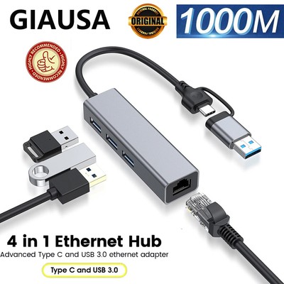 USB 3.0 Type-C to Ethernet RJ45 Network LAN Gigabit Adapter MAC10/100/1000 Hub