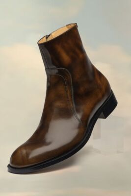 Handmade men brown shaded zipper boots, formal dress office leather boots mens