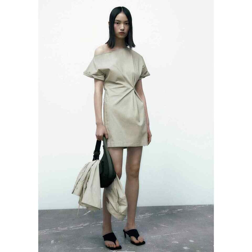 zara khaki pleated dress Zara Women's Size M Pleated Asymmetric Dress Neutral Sand Khaki NWT