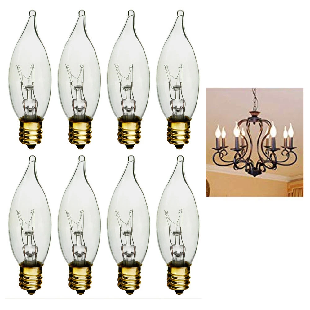 8 Night Light Bulbs Clear Candelabra Base Flame Tip 120V Decor