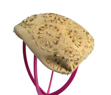 Vintage 1940's Beige Wool or Fur Felt Hand Embroidered Beaded Beret Hat Size 22