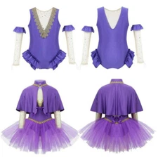 Kids Girls Trapeze Artist Costume  Mesh Splice Leotard Skrits Arm Sleeves Set