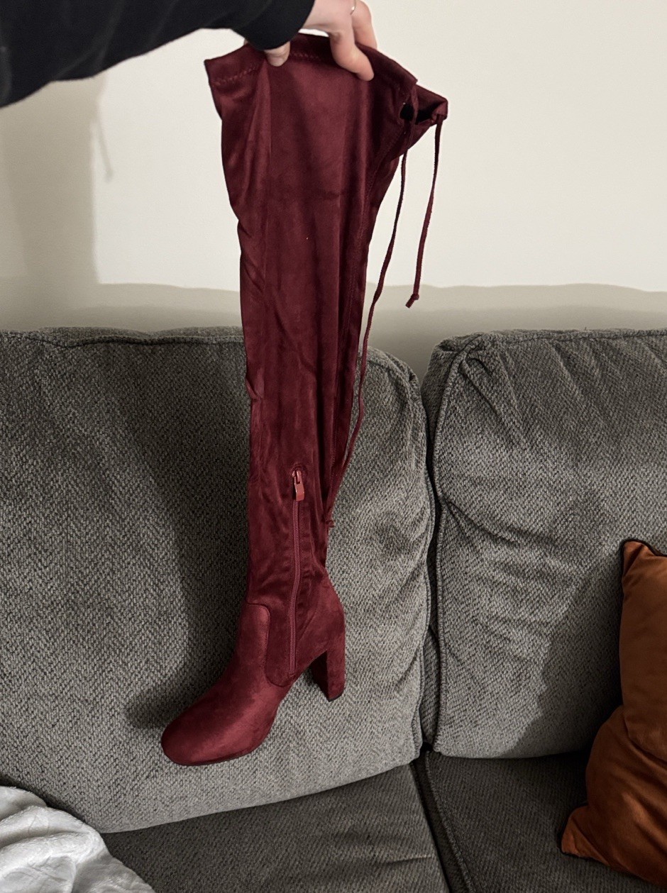 Burgundy Faux Suede Over the Knee Boots, Block Heel, Round Toe, Tie & Zip
