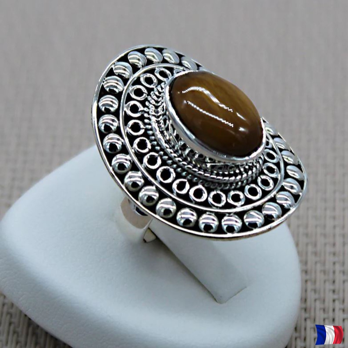 Bague en argent 925 véritable et œil de tigre naturel - Bijou d'exception taille 56
