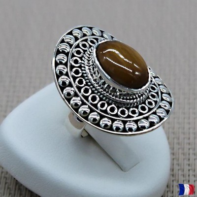 925 Silber Ring Tigerauge / Katzenauge - Damenschmuck Gr. 56 - natur