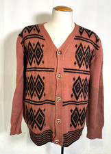 Vintage Hand Knit in Canada Chunky Wool Blend Cardigan Sweater Aztec Print Sz XL