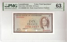 LUXEMBOURG   10 Francs  ND(1954)  P:48cts  UNC (63 PMG)  Color Trial   Specimen