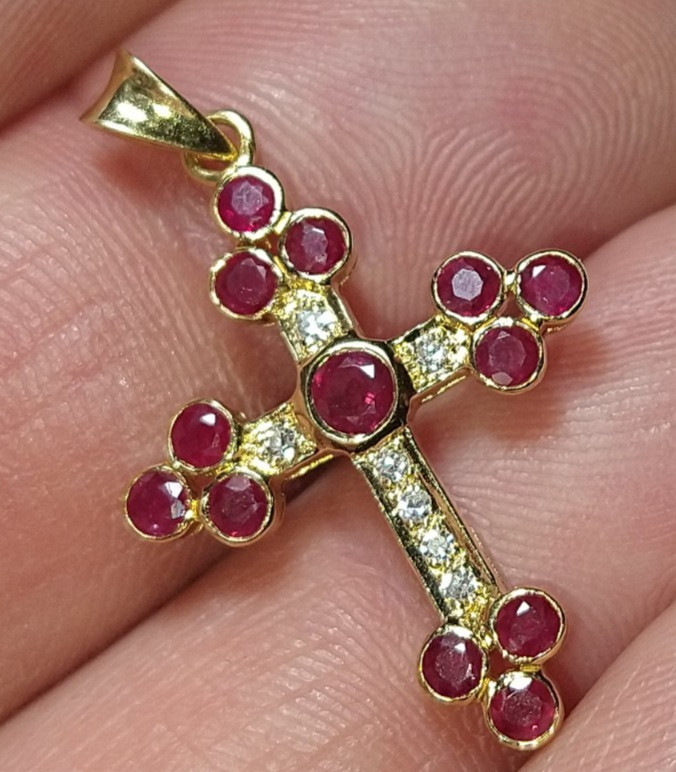 Solid 18k gold natural ruby diamond cross pendant… - image 7