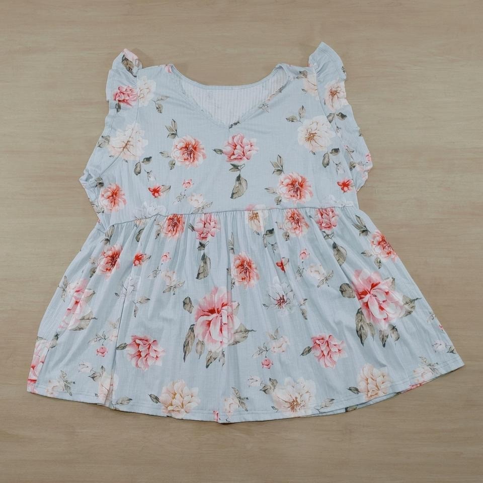 Plus Size 4X Baby Doll Dress Floral Print Light Blue Ruffle Sleeve V Neck