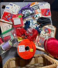 Sewing Basket Lot Vtg Items Turtle Pincushion Box Nylon Yarn Thread Hooks Snaps