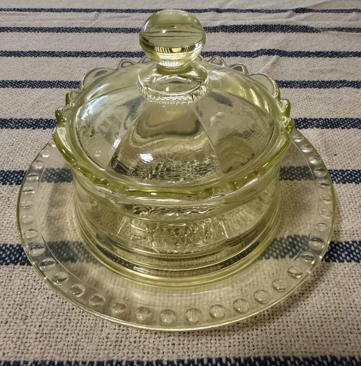 Vintage Two Piece Butter Scalloped Dish Greenish In Color