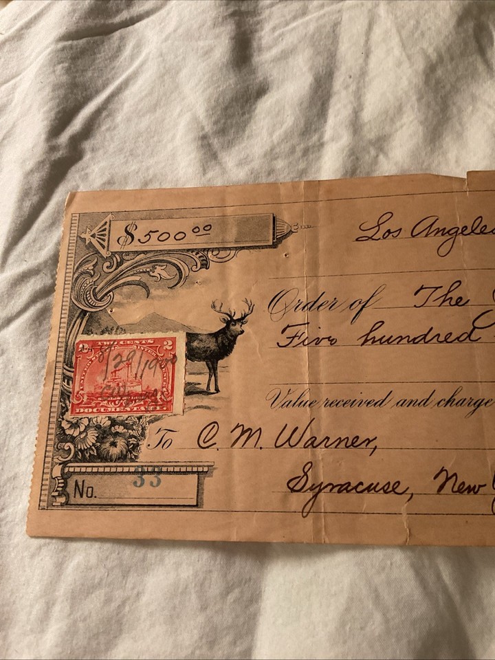 U.S.(-1900-)-FIRST NATL.BANK,LOS ANGELES CHECK: $500.Dollars,w/IRS,2c ...
