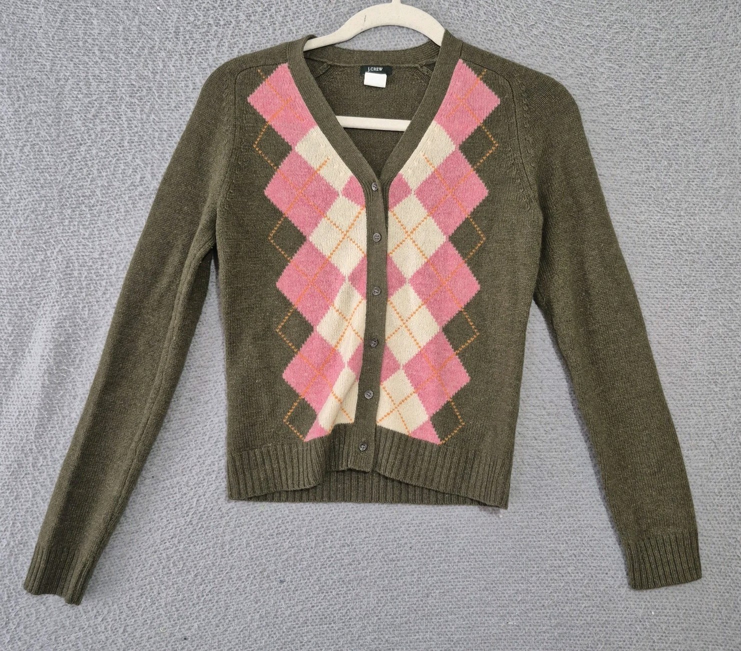 Y2k J.CREW Women's Lambs Wool Blend Argyle Green Pink Button Up Cardigan XS