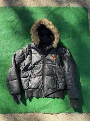 VTG 90s Y2K Rocawear Puffer Jacket Fur Trim Hood Black Leather Size Large