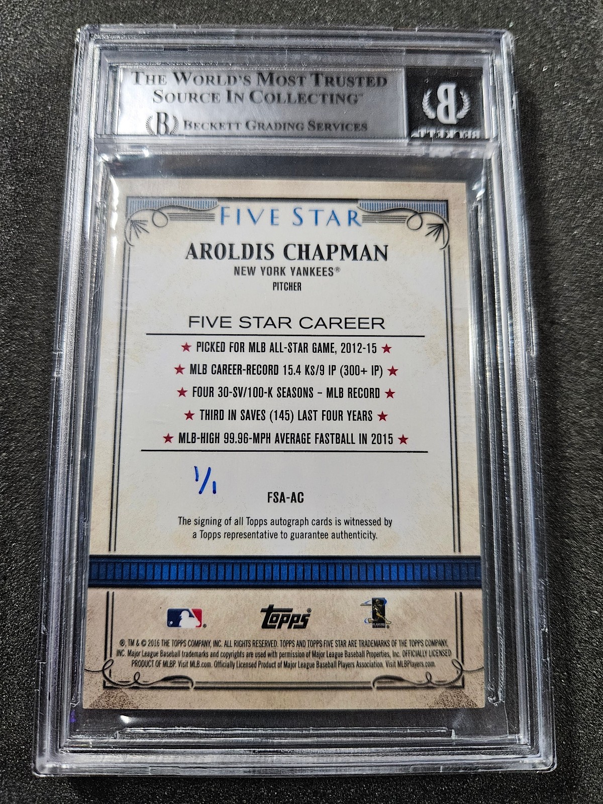 🌟 Aroldis Chapman 2016 Topps Five Star Beckett Auto 1/1 RARE BRONX BOMBERS INSC view 2