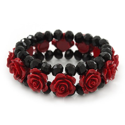 Dunkelrote Harzrose, schwarze Glasperlen Flex Armband / 19 cm L