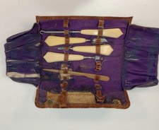 Antique Art Deco Celluloid Bakelite Plastic Vanity Set Leather Case AS IS