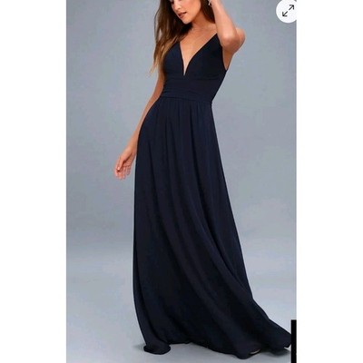 Lulus Leading Role Navy Blue Maxi Dress Sz L Plunging Neckline Chiffon Ruched