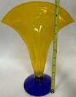 Blenko Glass Vase Fan Shape Signed Richard Blenko 2000 Yellow Blue 12" C29