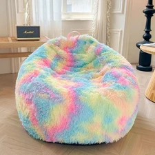 Faux Fur Comfy Bean Bag Cover(No Filler) for Living Room, Tie Dye Fluffy Anim...
