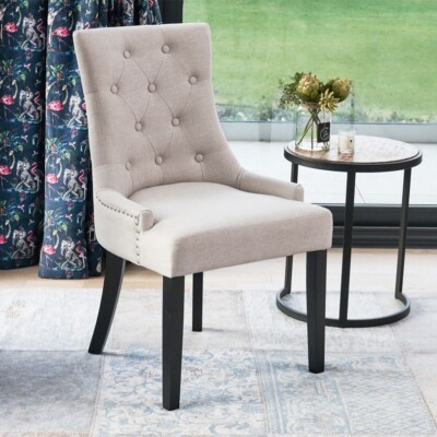 Luxury Natural Fabric Scoop Back Dining Chair – Black Satin Legs Kitchen  UK