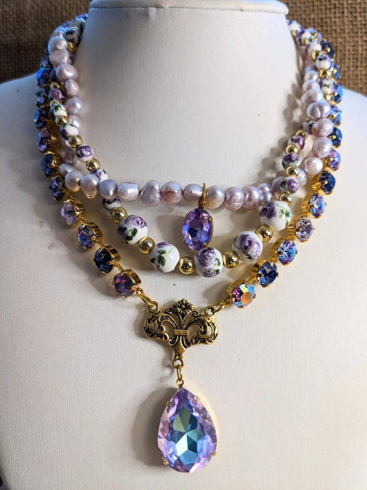 Victorian Darling Tanzanite Sparkles Crystal Porcelain & Pearls Layered Necklace