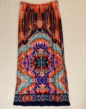 AB Studio  L Long Skirt Multi color oranges purple Left side split Stretch waist