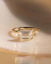 2.75 Carat Emerald Cut Moissanite Half Bezel Set East West Ring, Proposal Ring.