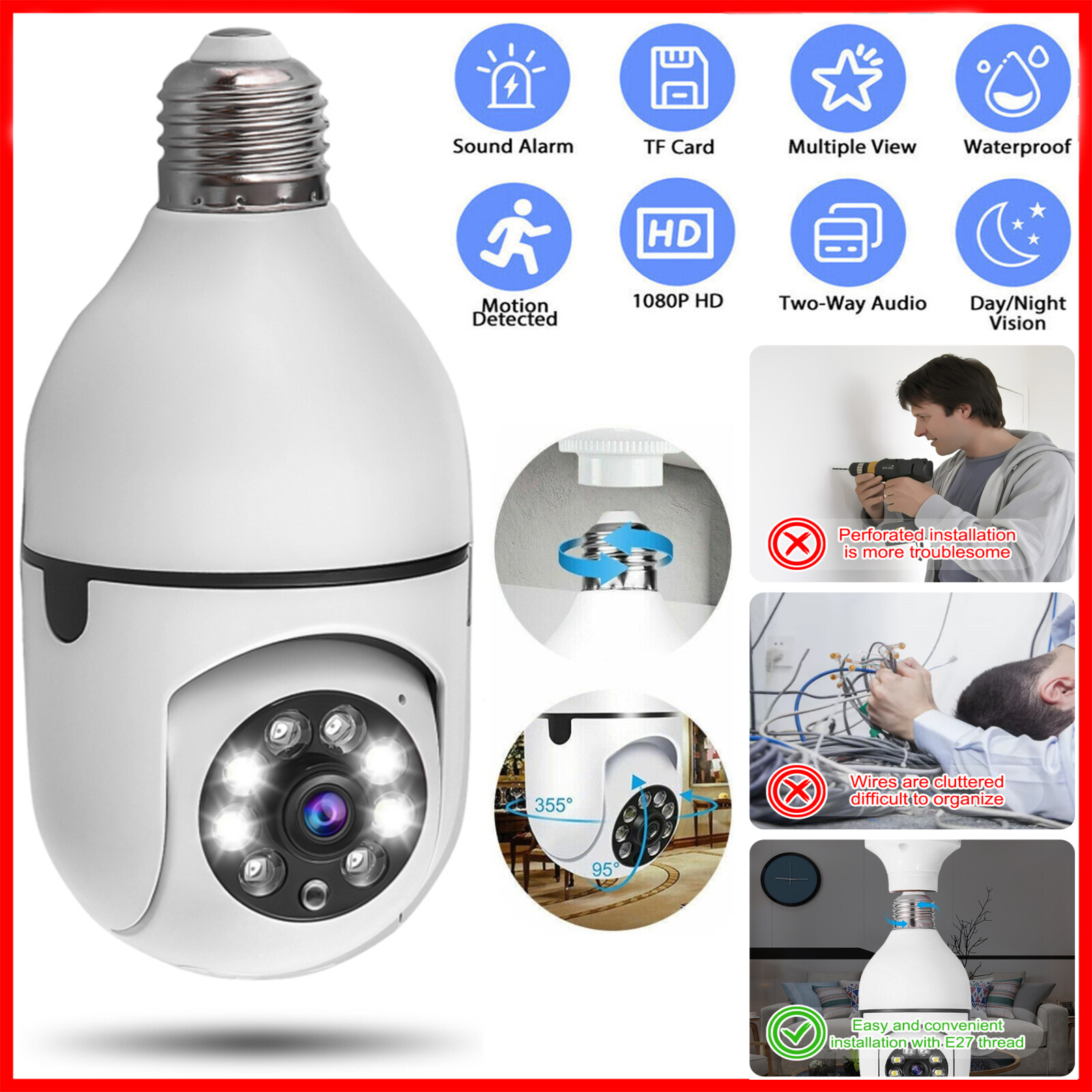360° 1080P Wireless IP E27 Light Bulb Camera WiFi IR Night Smart Home