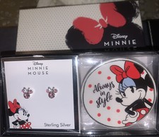 Disney Minnie Mouse Sterling Silver Pink Crystal Earrings And Collectors Plate   