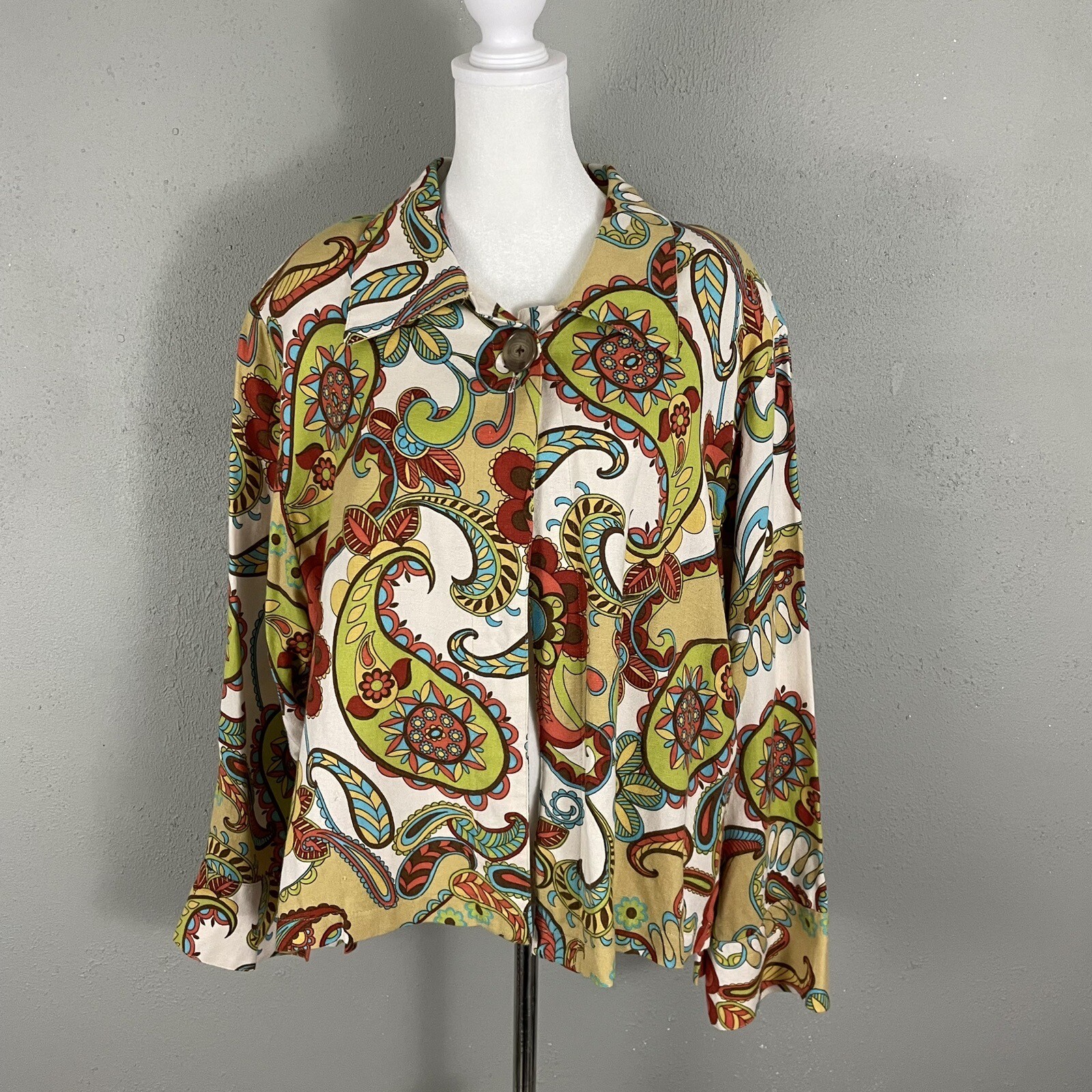 Camicia pony dipinta donna XL giacca di lino un bottone colorata paisley floreale USA