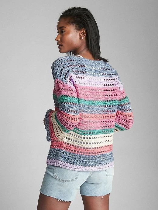 New GAP Women Striped Pink Teal Long Sleeve Crew Neck Crochet