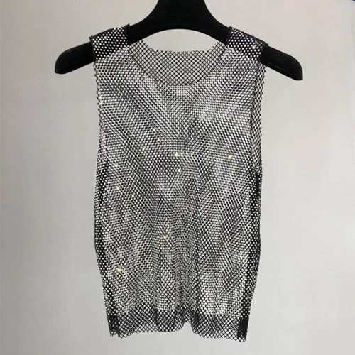 Damen Kristall Mesh Camisole Tank Top Glitzer glänzend ausgehöhlt Weste Weste - Bild 7 von 25