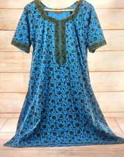 Women Ethnic Wear Top Indian Style Short Sleeve Tunic Kurta Floral Print Blue L