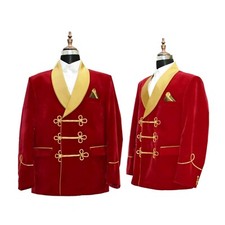 Men's Smoking Jacket Red Velvet Dinner Coat With Shawl Lapel Vintage Robe Jacket