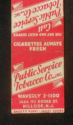 1930s Jersey Match Public Service Tobacco Co Cigarettes Broad St. Hillside  NJ MB