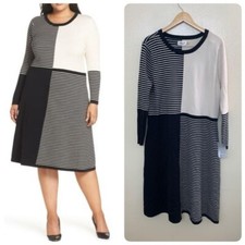 Eliza J Womens Plus 3X Striped Midi Sweater Dress Ivory Black A-line Long Sleeve