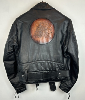 Vintage Leather Jacket Mens 46 Moto Black Eagle Unique Artwork Made USA Signed